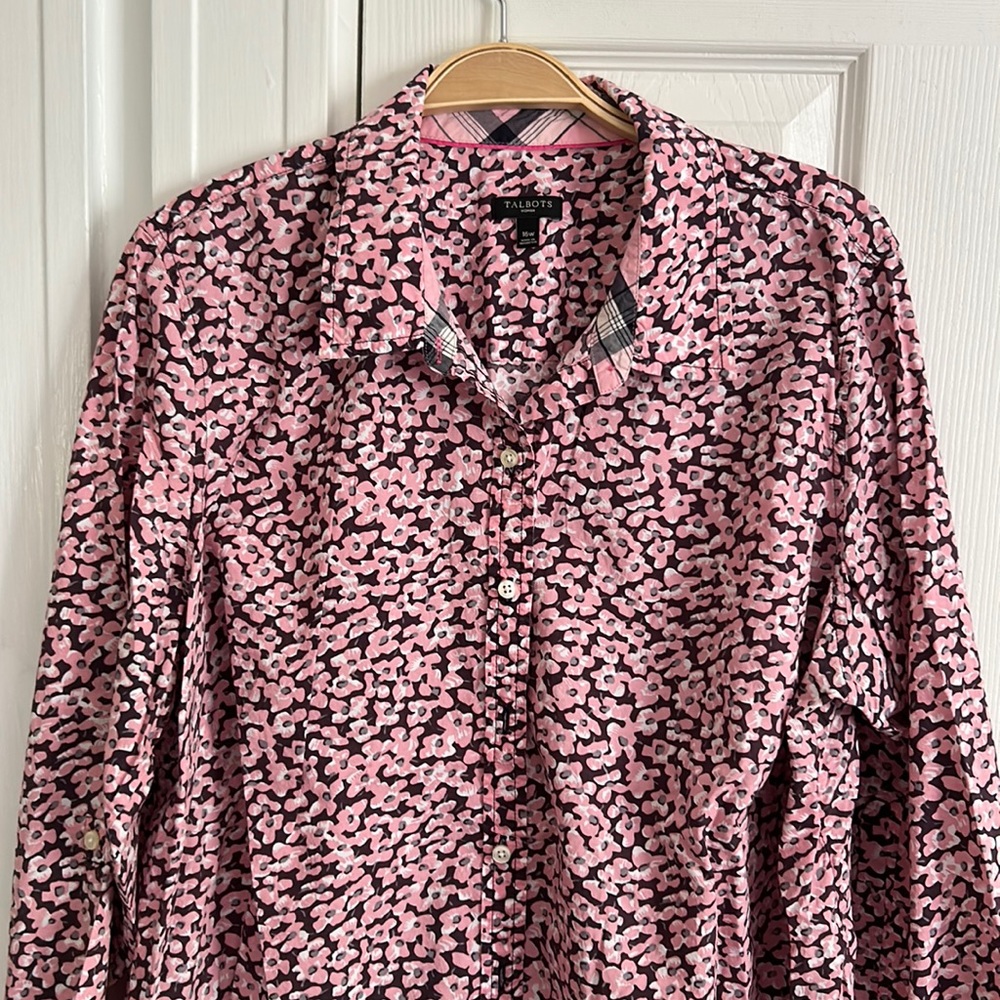 Talbots Pink/Black Floral Button Front  Shirt